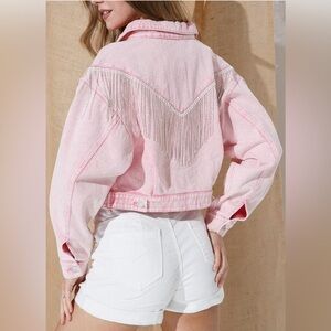 NWOT!! Joimont Womens Denim Jacket with Fringe Rhinestones Pink Size Small